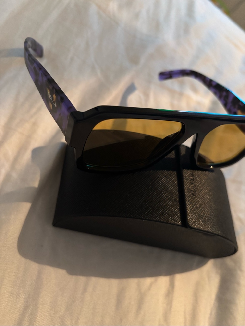 Prada Black Frame Sunglasses with Purple Temples and Yellow Lenses